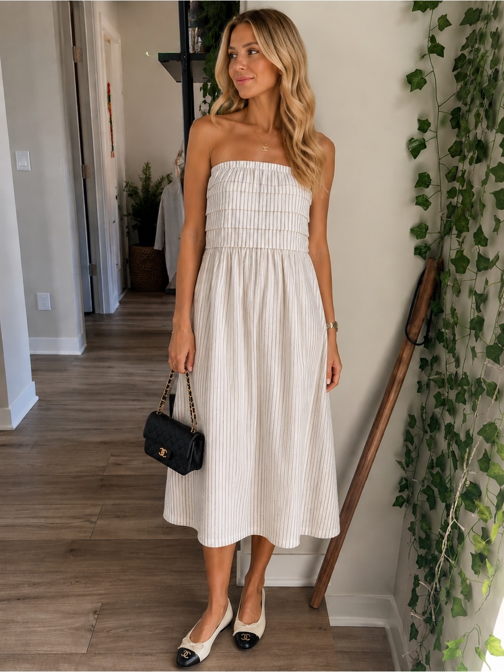 Altar'd State Cream and Gray Striped Strapless Maxi Dress